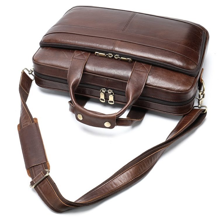 Coffee brown vintage cow leather laptop bag with shoulder and suitecase strap. Fits 15.6 inch - Image 7