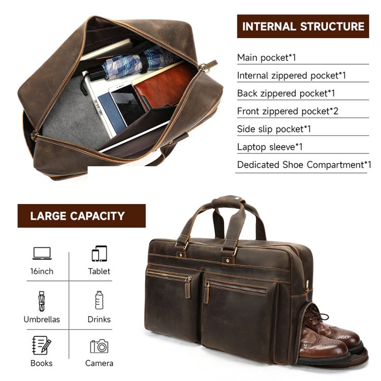 Vintage Genuine Leather Travel Duffle Bag – Large Capacity Weekender with Shoe Compartment (2)