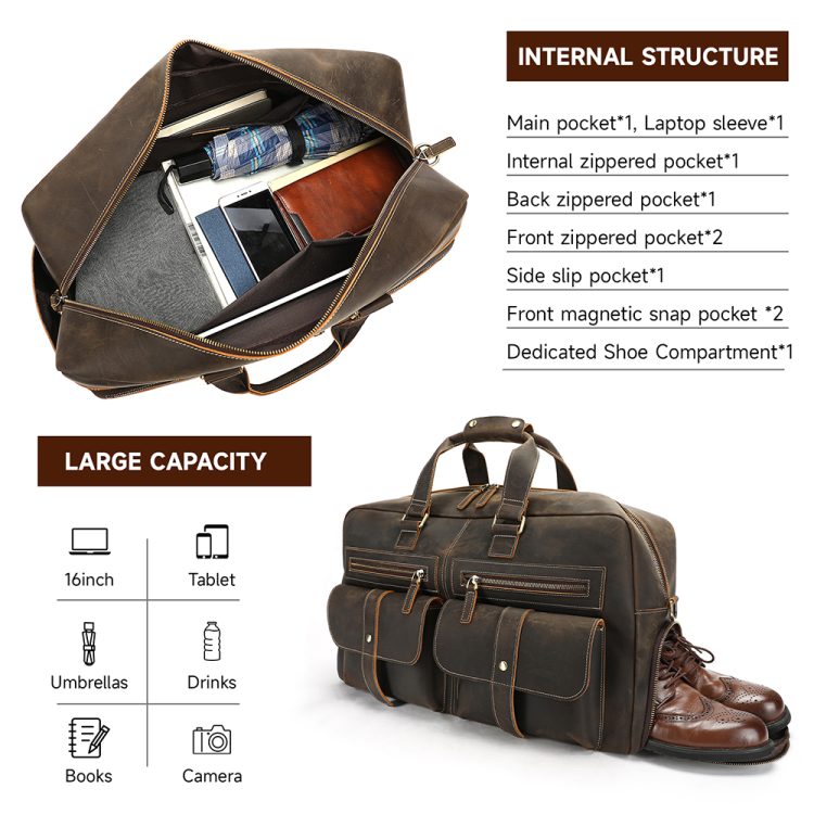 Vintage Genuine Leather Travel Duffle Bag – Multi-Pocket Weekender with Shoe Compartment (2)